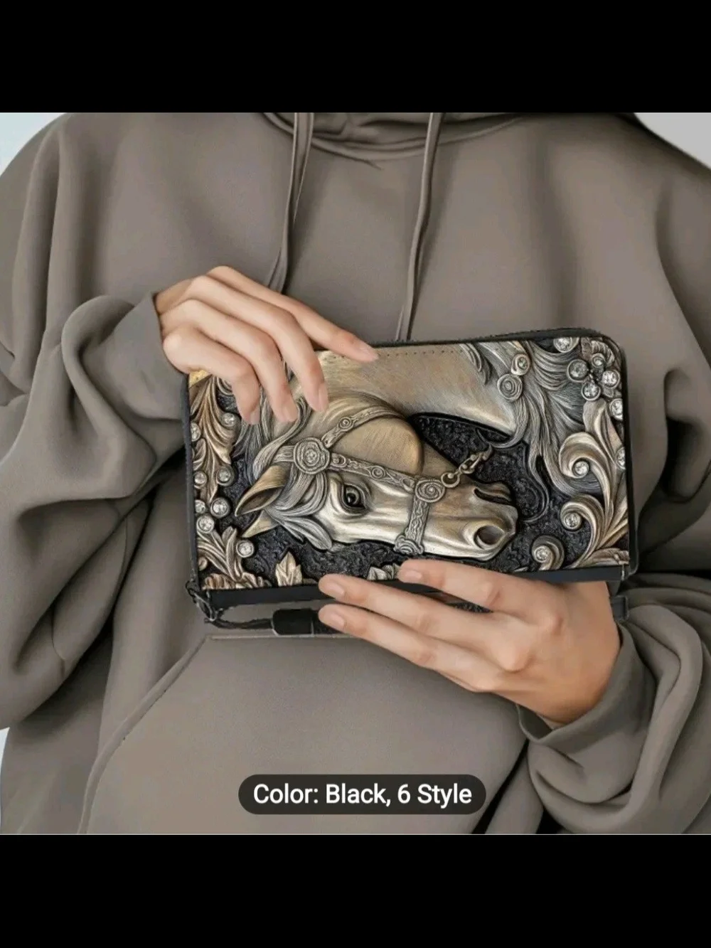 Horse Embossed Relief Full Zip Multi-Card Wallet/Phone Case W/Wristlet Strap